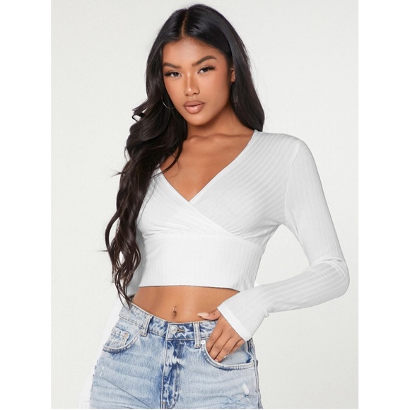 Deep V Neck Long Sleeve Rib-knit White Crop Top - Picture 1 of 13